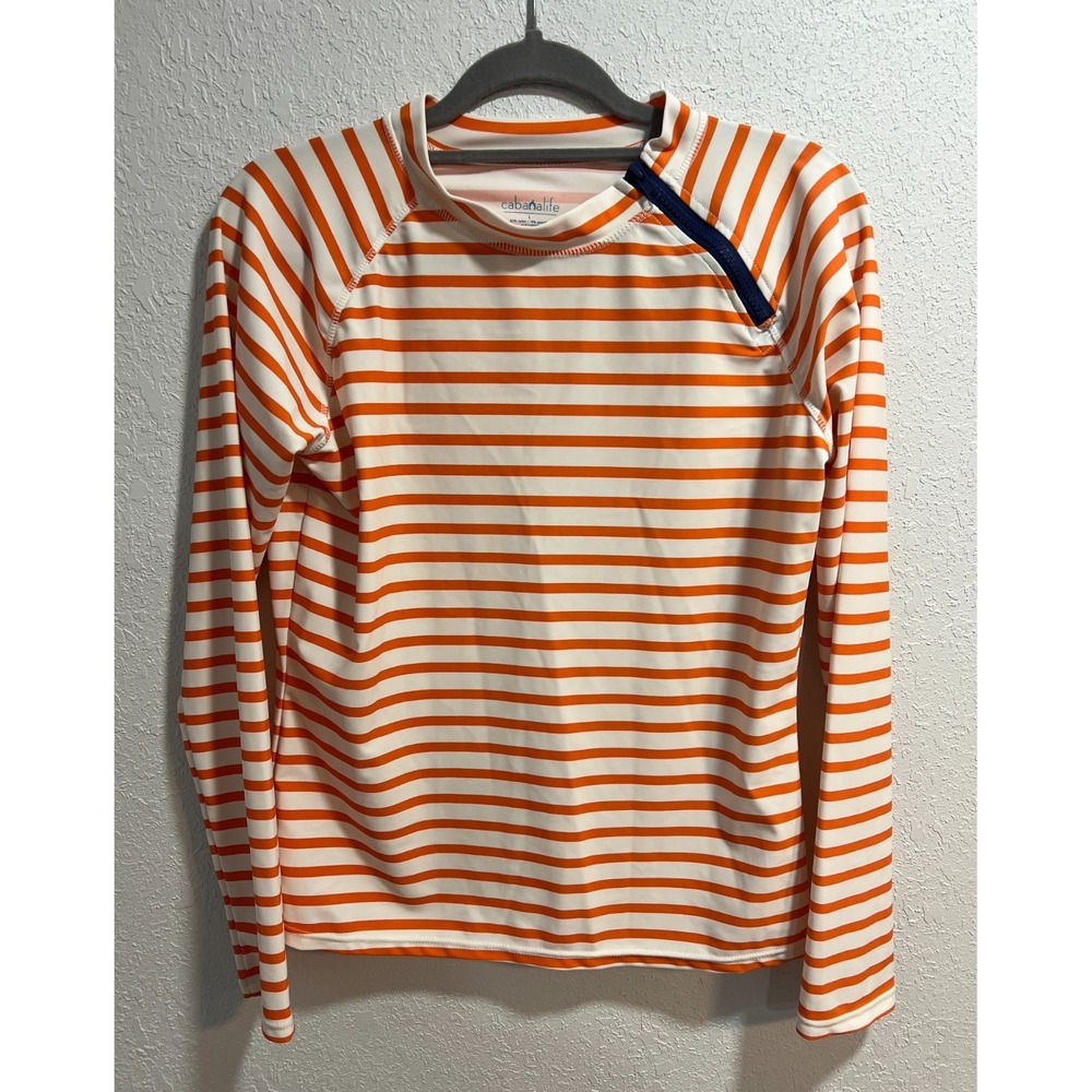 Cabana Life Womens Rashguard Swim Top Orange and White Stripe Zip Neck Size L
